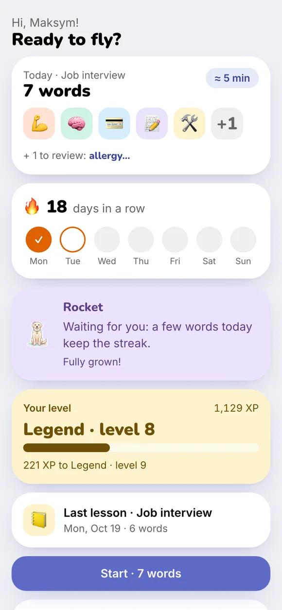 Student home screen: next lesson, homework, words for today