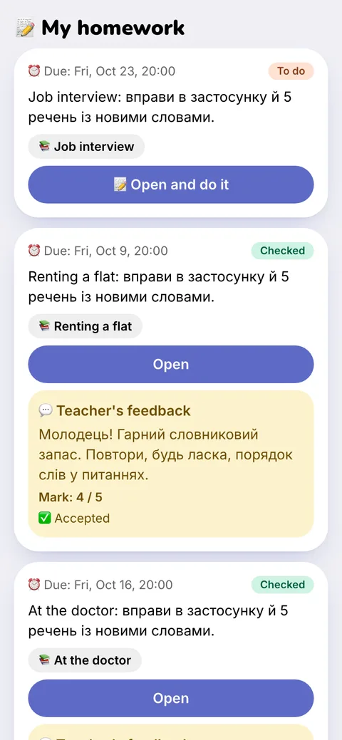 Homework list with the teacher’s feedback and mark
