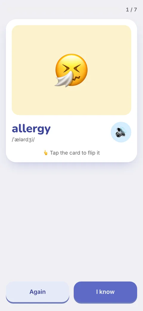 A word card with an emoji, transcription and audio